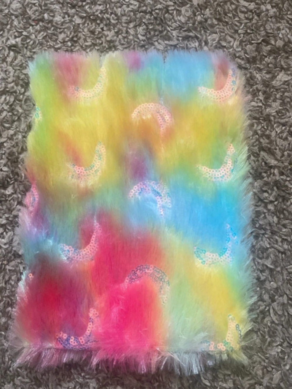 Multicolor Rainbow Faux Fur Journal with Sequin Moon Details